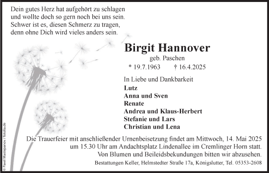 Traueranzeige von Birgit Hannover von Helmstedter Nachrichten