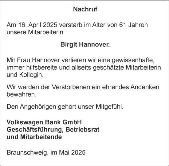Traueranzeige von Birgit Hannover 