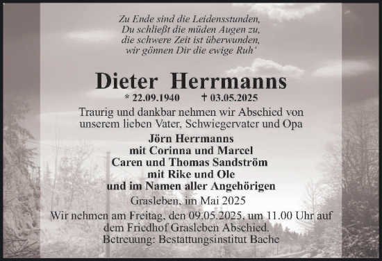 Traueranzeige von Dieter Herrmanns von Helmstedter Nachrichten