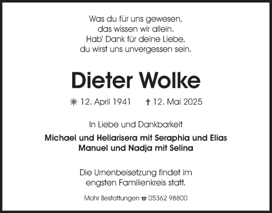 Traueranzeige von Dieter Wolke 