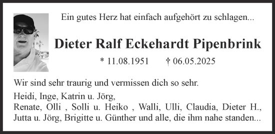 Traueranzeige von Dieter Ralf Eckehardt Pipenbrink 