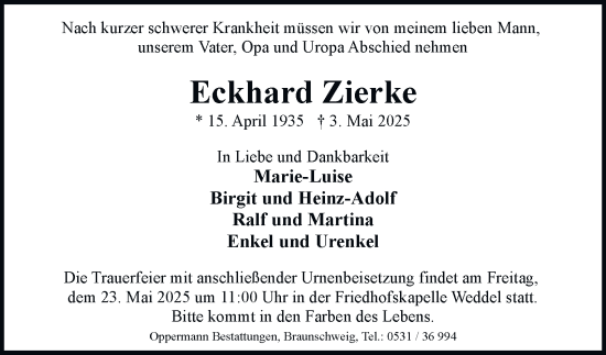 Traueranzeige von Eckhard Zierke 