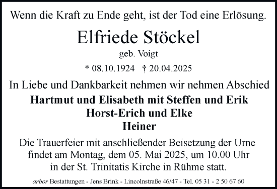 Traueranzeige von Elfriede Stöckel 