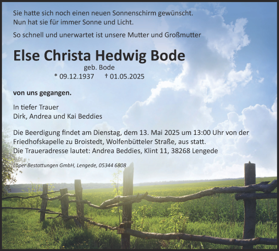 Traueranzeige von Else Christa Hedwig Bode 