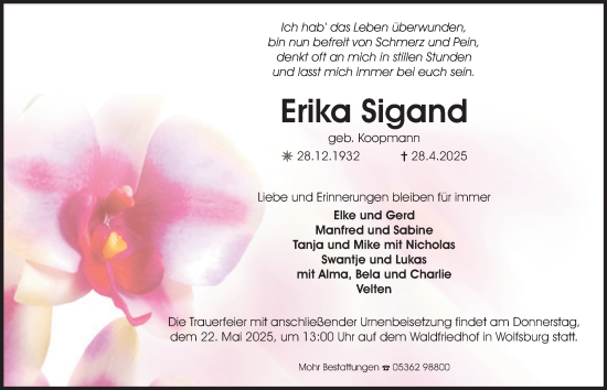 Traueranzeige von Erika Sigand 