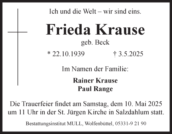 Traueranzeige von Frieda Krause von Wolfenbütteler Zeitung
