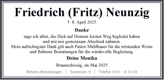 Traueranzeige von Friedrich Neunzig 