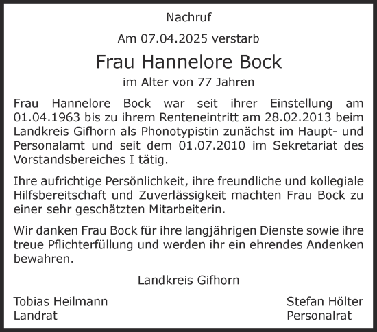 Traueranzeige von Hannelore Bock 