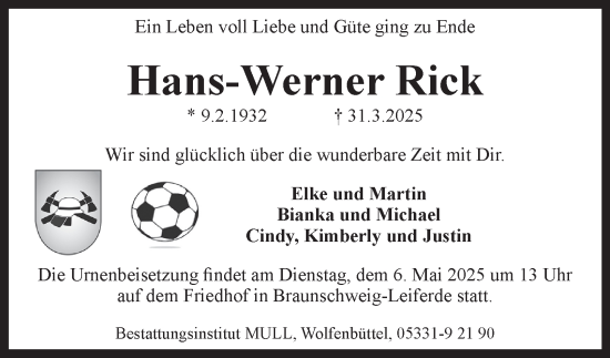 Traueranzeige von Hans-Werner Rick 