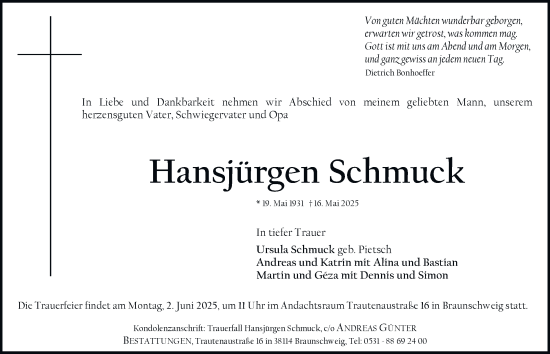 Traueranzeige von Hansjürgen Schmuck 