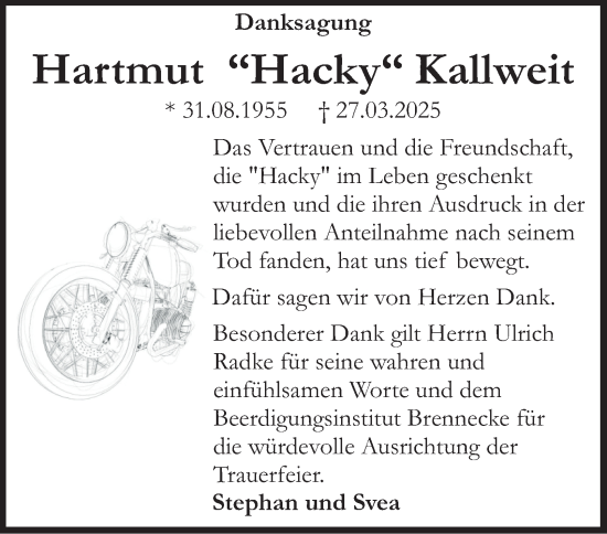 Traueranzeige von Hartmut Kallweit von Peiner Nachrichten