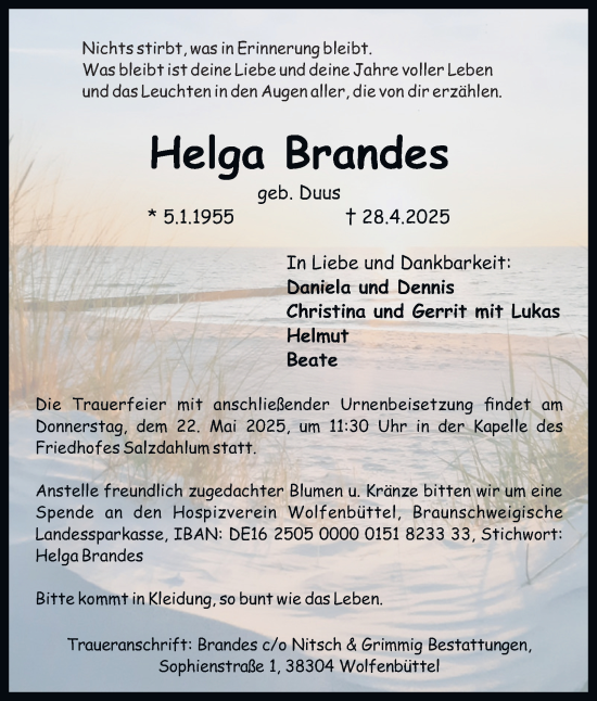 Traueranzeige von Helga Brandes von Wolfenbütteler Zeitung