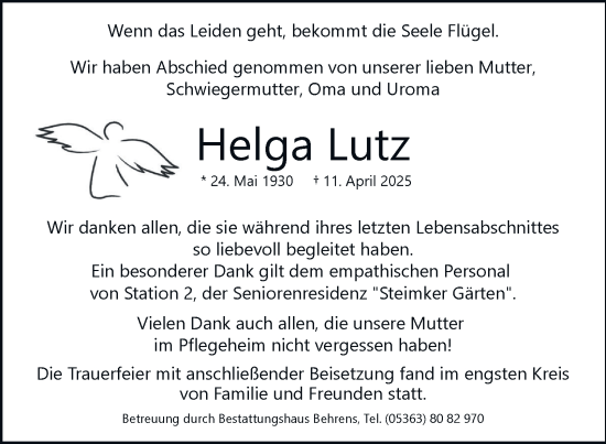 Traueranzeige von Helga Lutz 