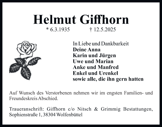 Traueranzeige von Helmut Giffhorn 