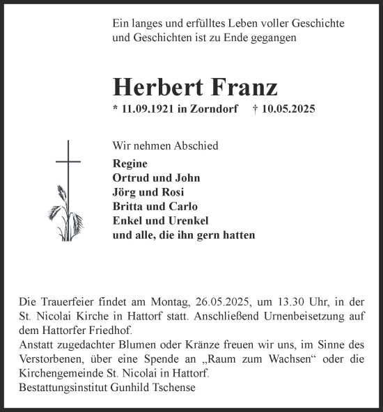 Traueranzeige von Herbert Franz 