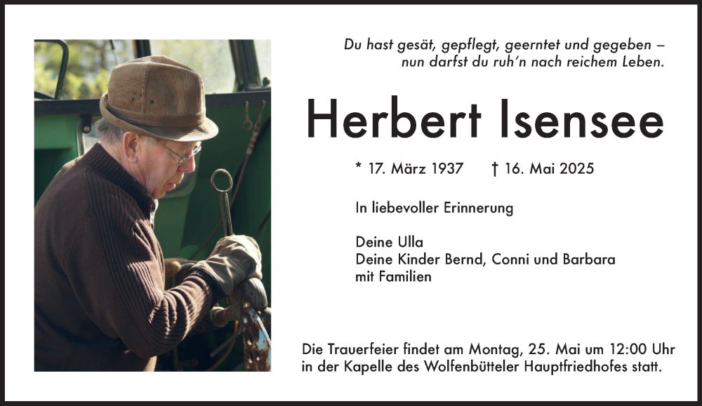  Traueranzeige für Herbert Isensee vom 22.05.2025 aus Wolfenbütteler Zeitung