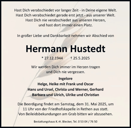 Traueranzeige von Hermann Hustedt 