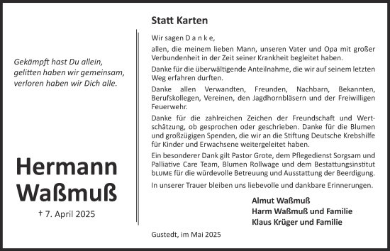 Traueranzeige von Hermann Waßmuß von Salzgitter-Zeitung