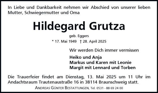 Traueranzeige von Hildegard Grutza 