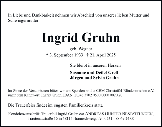 Traueranzeige von Ingrid Gruhn 