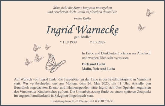 Traueranzeige von Ingrid Warnecke von Salzgitter-Zeitung