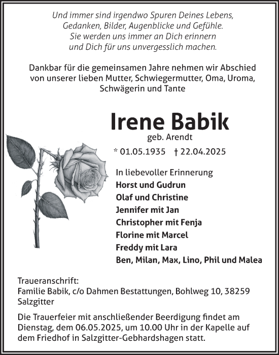 Traueranzeige von Irene Babik von Salzgitter-Zeitung