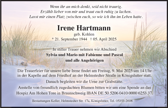 Traueranzeige von Irene Hartmann von Helmstedter Nachrichten