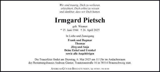 Traueranzeige von Irmgard Pietsch 