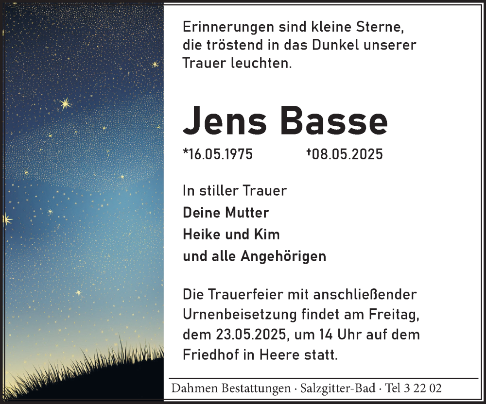  Traueranzeige für Jens Basse vom 17.05.2025 aus Salzgitter-Zeitung