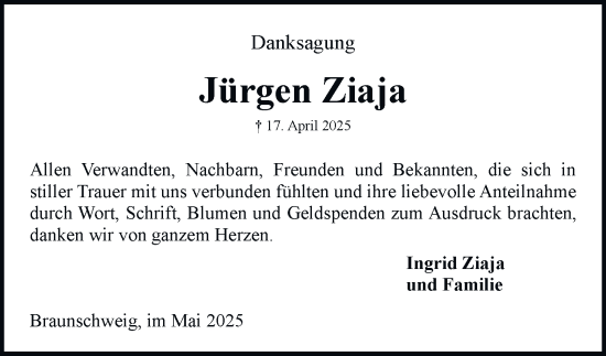 Traueranzeige von Jürgen Ziaja 