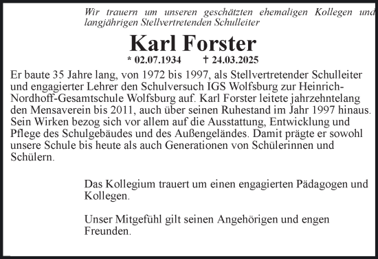 Traueranzeige von Karl Forster 