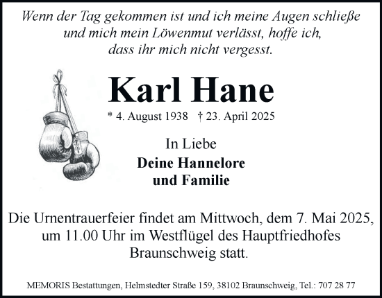 Traueranzeige von Karl Hane 