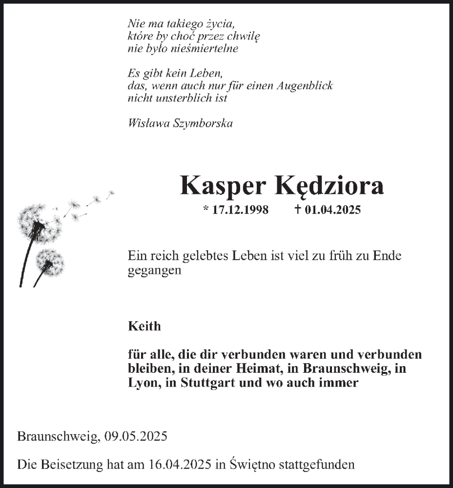  Traueranzeige für Kasper Kedziora vom 13.05.2025 aus 