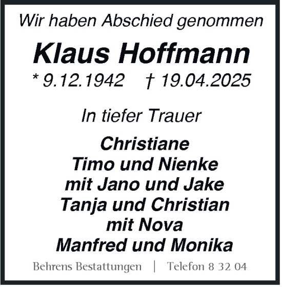 Traueranzeige von Klaus Hoffmann 
