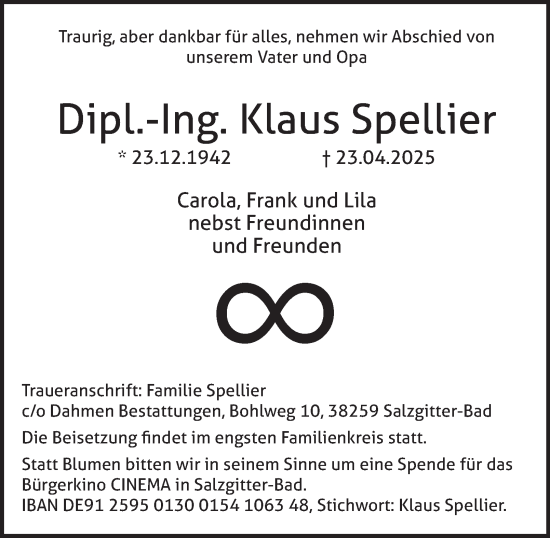 Traueranzeige von Klaus Spellier von Salzgitter-Zeitung