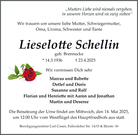 Traueranzeige von Lieselotte Schellin 