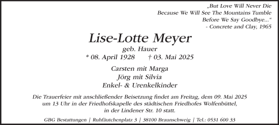 Traueranzeige von Lise-Lotte Meyer von Wolfenbütteler Zeitung