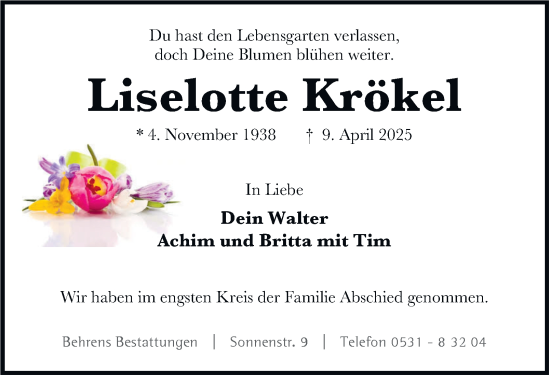 Traueranzeige von Liselotte Krökel 