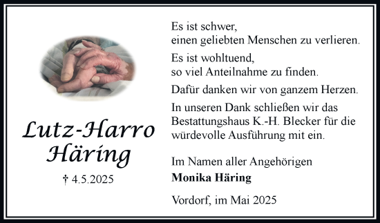 Traueranzeige von Lutz-Harro Häring von Braunschweiger Zeitung