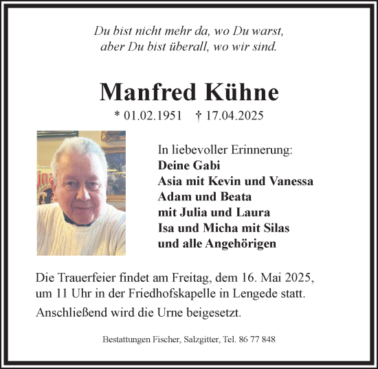 Traueranzeige von Manfred Kühne von Peiner Nachrichten