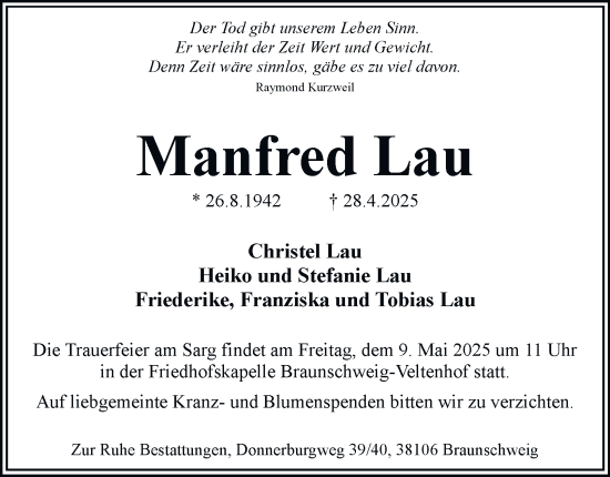 Traueranzeige von Manfred Lau 