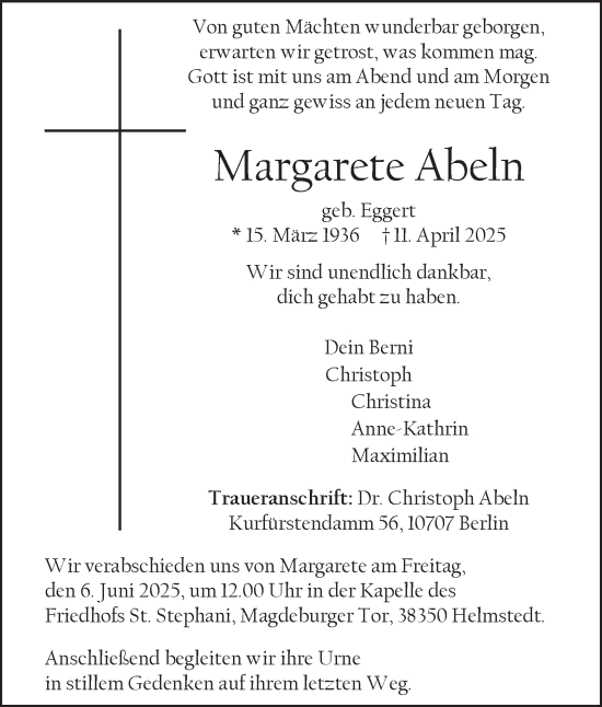 Traueranzeige von Margarete Abeln 