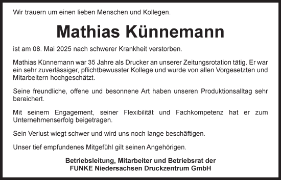 Traueranzeige von Mathias Künnemann 
