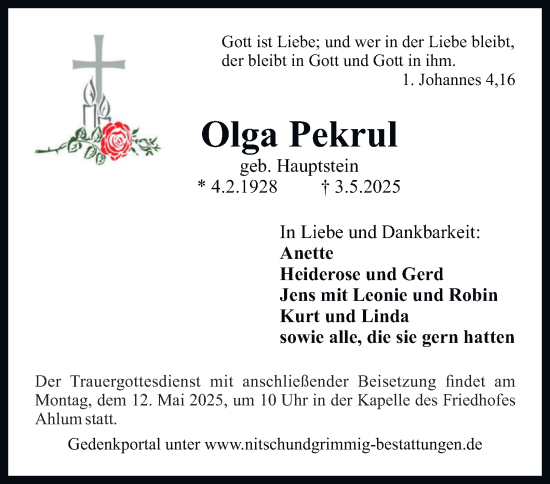 Traueranzeige von Olga Pekrul von Wolfenbütteler Zeitung