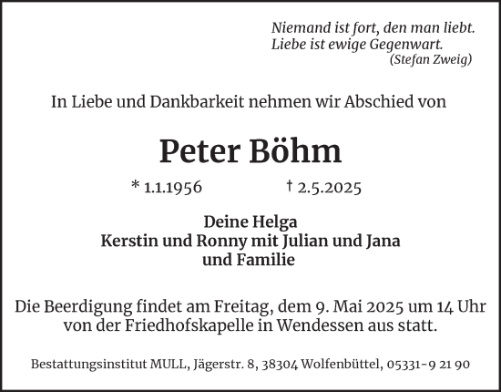Traueranzeige von Peter Böhm von Wolfenbütteler Zeitung