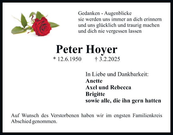 Traueranzeige von Peter Hoyer von Salzgitter-Zeitung