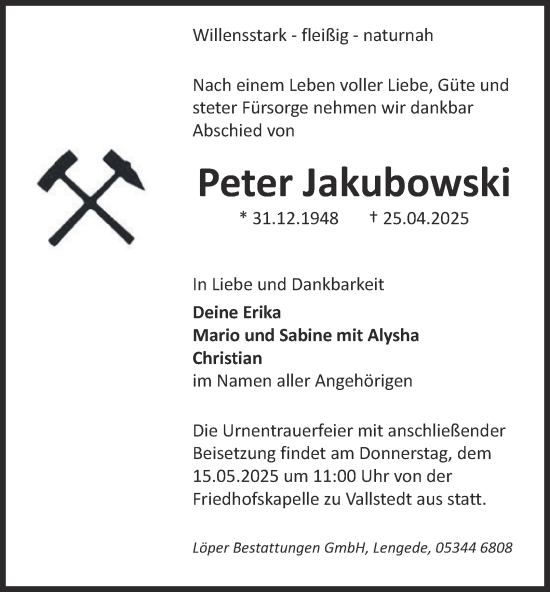 Traueranzeige von Peter Jakubowski von Peiner Nachrichten