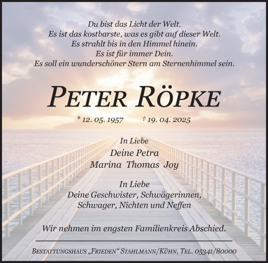 Traueranzeige von Peter Röpke von Salzgitter-Zeitung