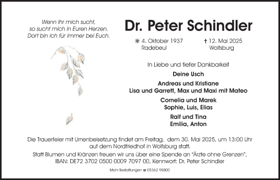 Traueranzeige von Peter Schindler 