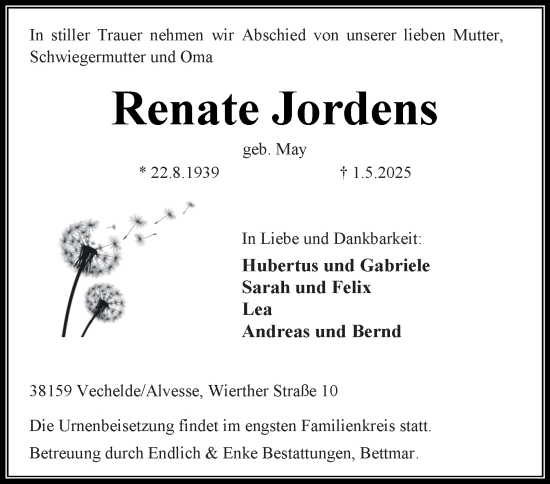 Traueranzeige von Renate Jordens von Peiner Nachrichten